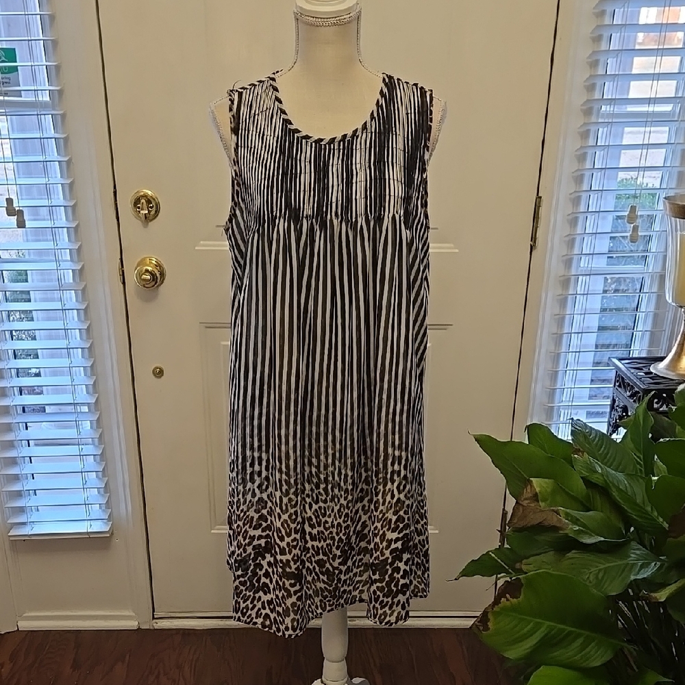 FEVER black white Stripe & Leopard Print Dress sleeveless gathered neck L EUC